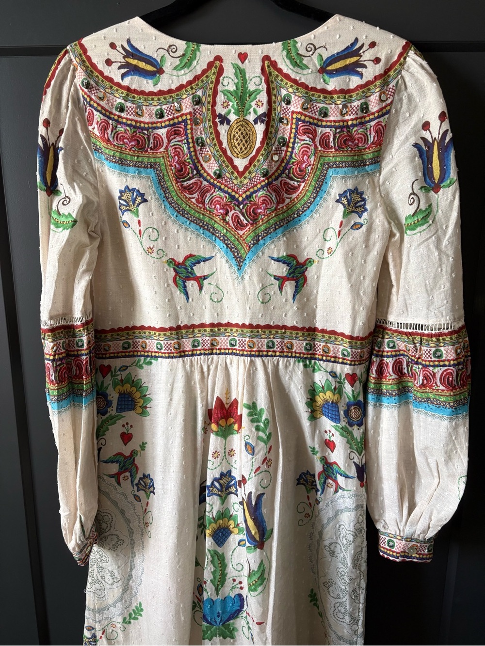 Farm Rio Boho Floral Embroidered Maxi Dress in Ivory and Teal - Picture 8 of 12